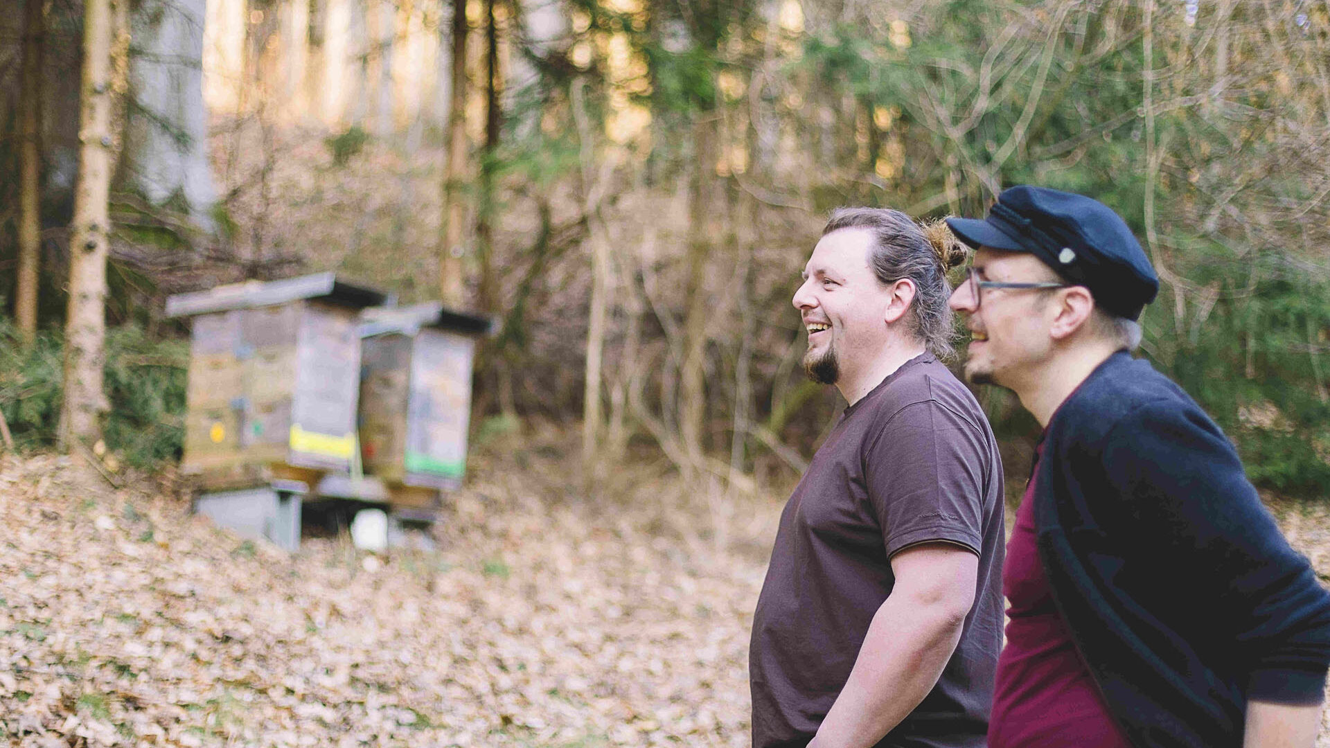 Foto mit Michael und Richard Schachinger mit zwei Bienenstöcken am Waldrand