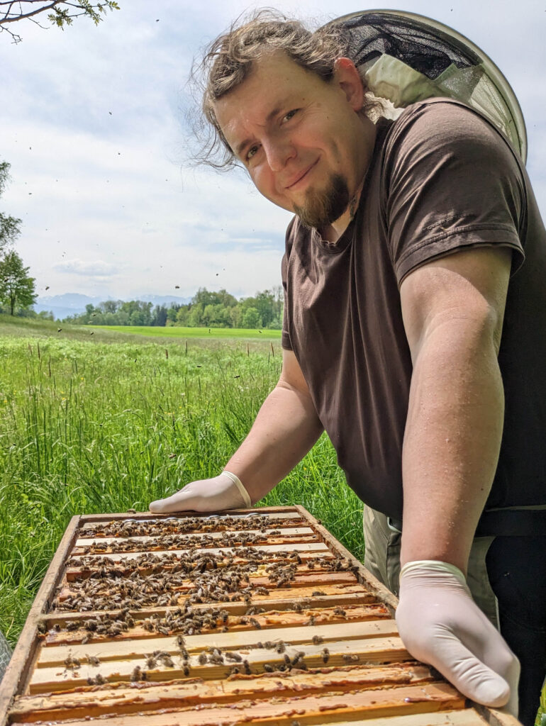 Imker Michael Schachinger ist vor einer grünen Wiese zu sehen, wie er gerade einen Bienenstock geöffnet hat. 